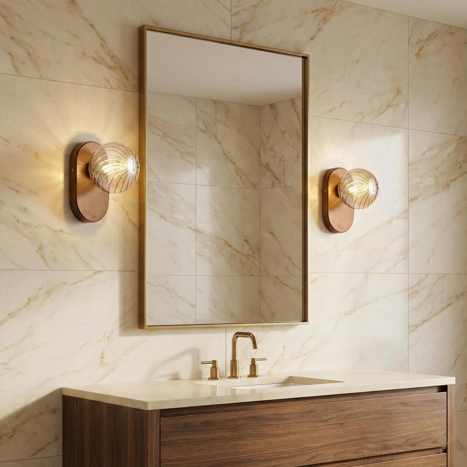 Pair of Paola ribbed glass wall sconces flanking bathroom vanity mirror in luxury marble bathroom