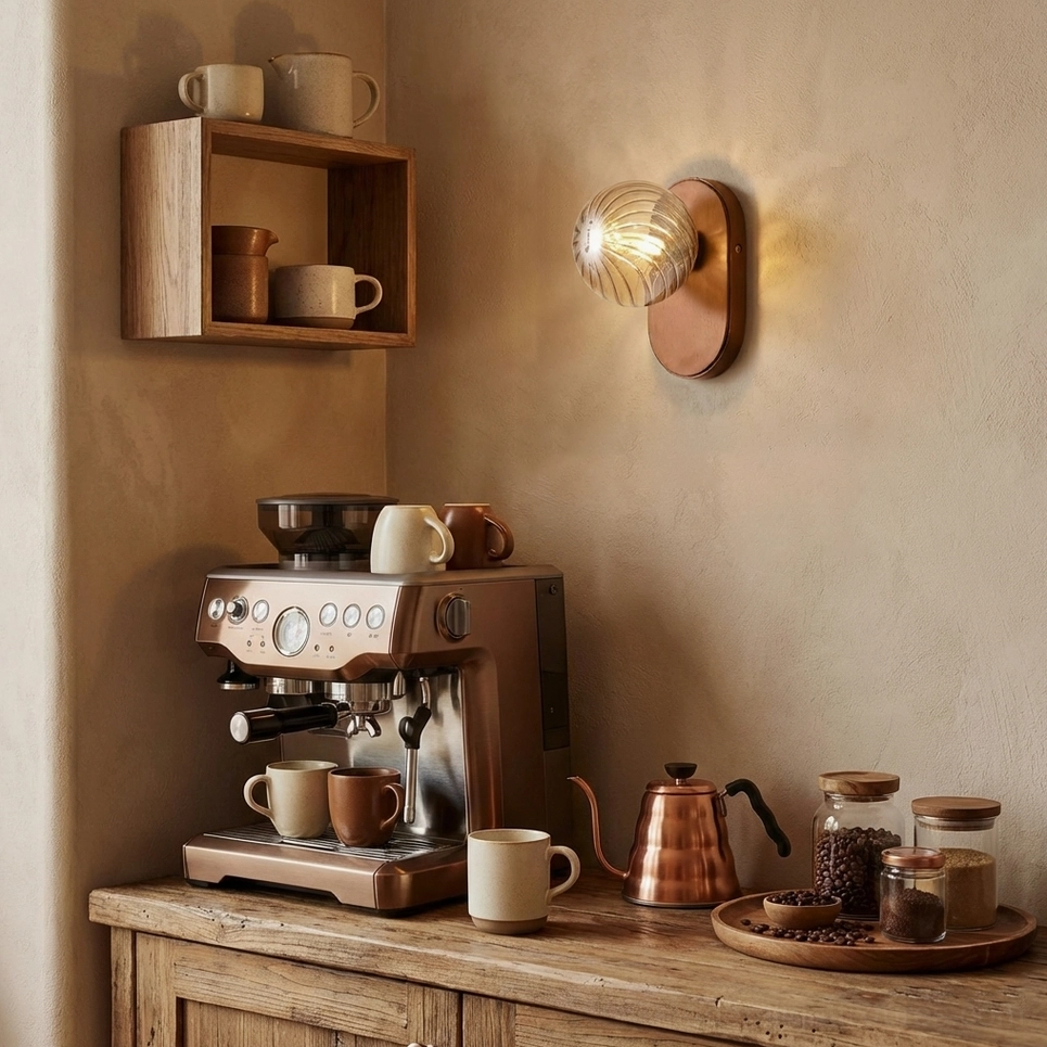 Paola wall sconce with walnut and amber color tones in contemporary minimalist bedroom