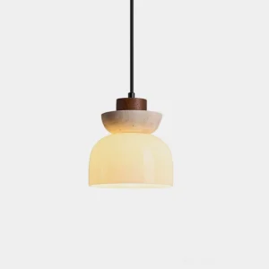 Paolina modern travertine pendant light with frosted glass shade and wooden band, front studio view on white background