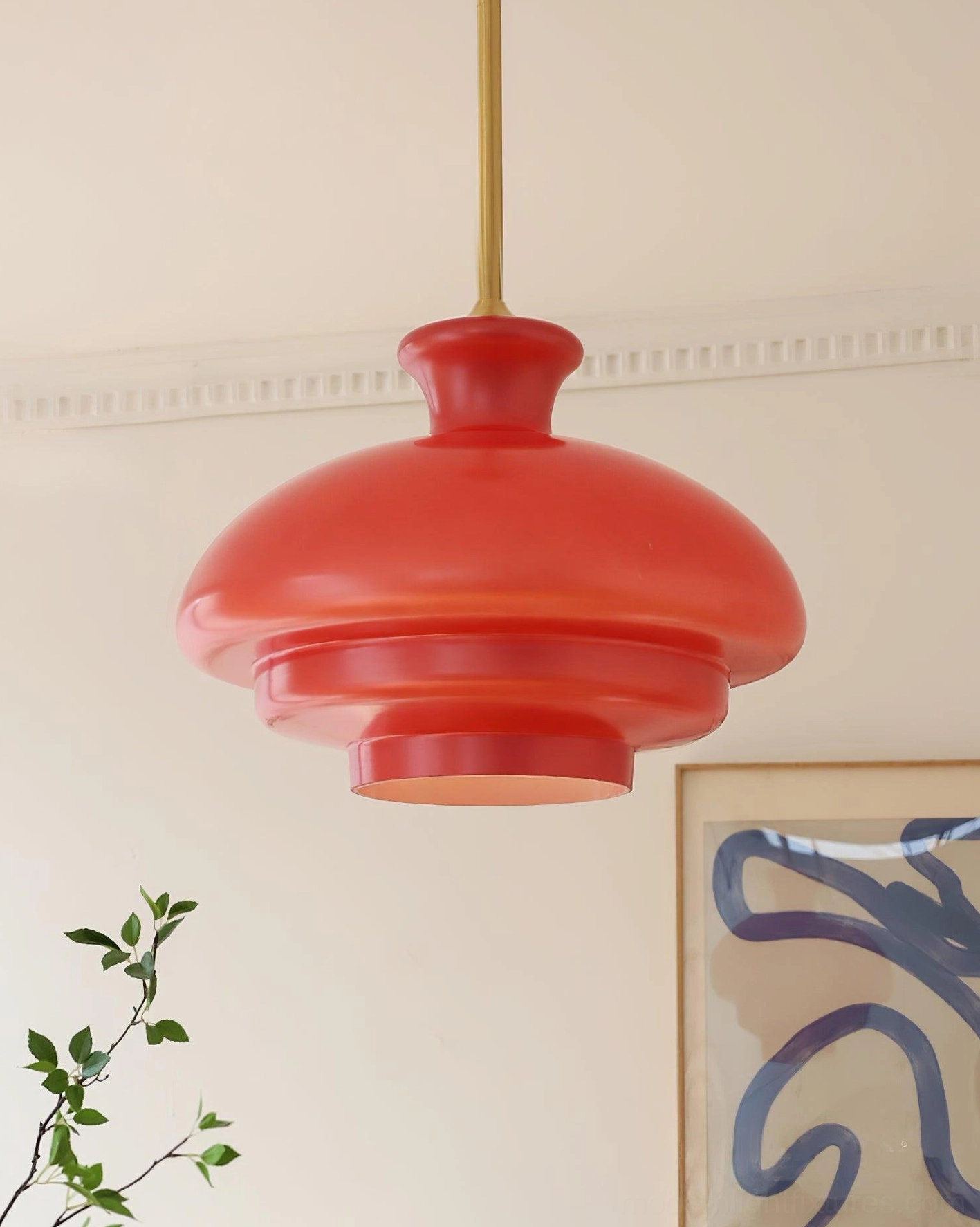 Paolina bold red tiered glass pendant lamp viewed from below, bright red frosted glass with brass rod, bottom-up perspective in home