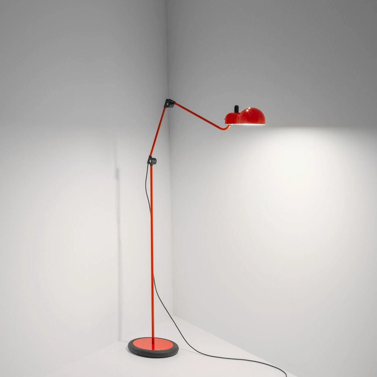 Paolo articulated swing arm floor lamp close-up detail showing sports car inspired vent slits on shade