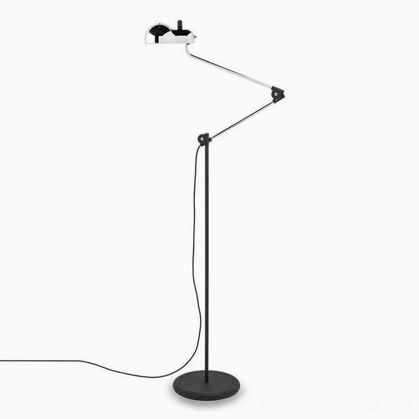 Paolo articulated swing arm floor lamp base detail showing weighted round metal base construction