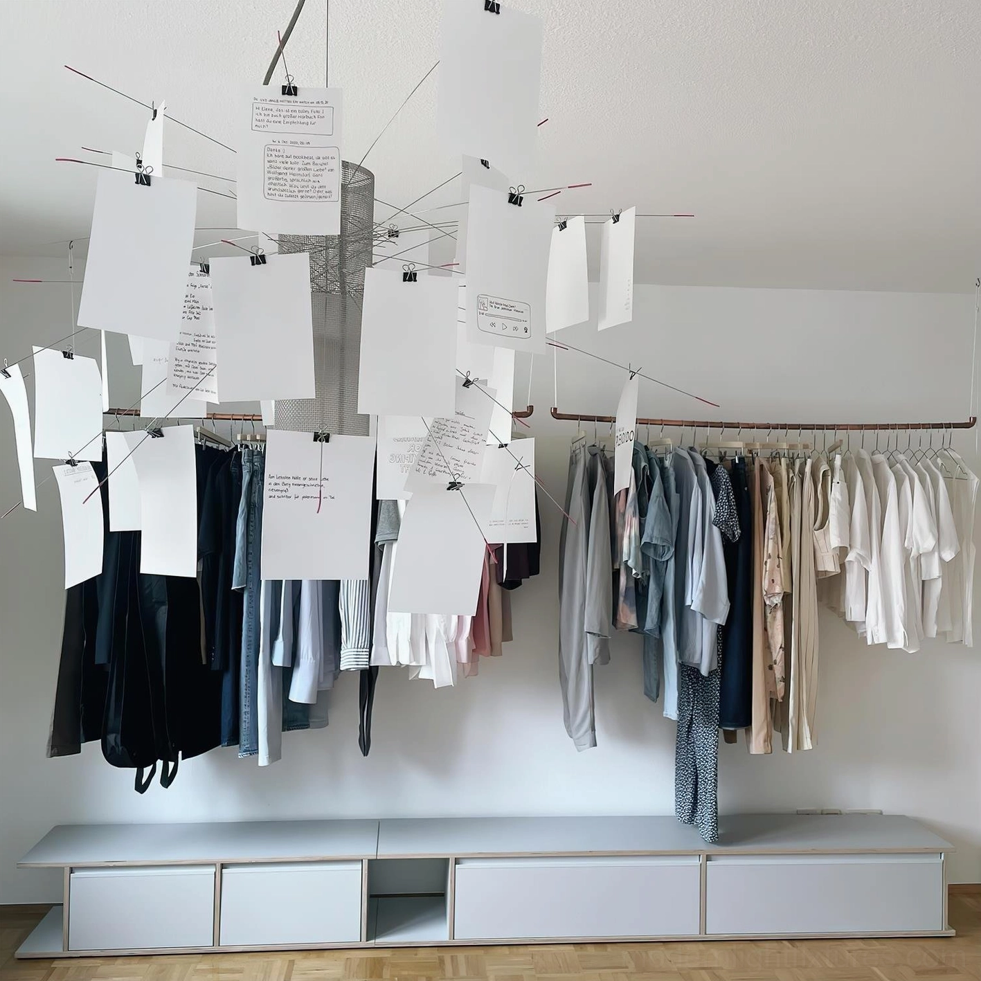 Decorative paper light fixture retail display in boutique interior with white paper card artistic arrangement