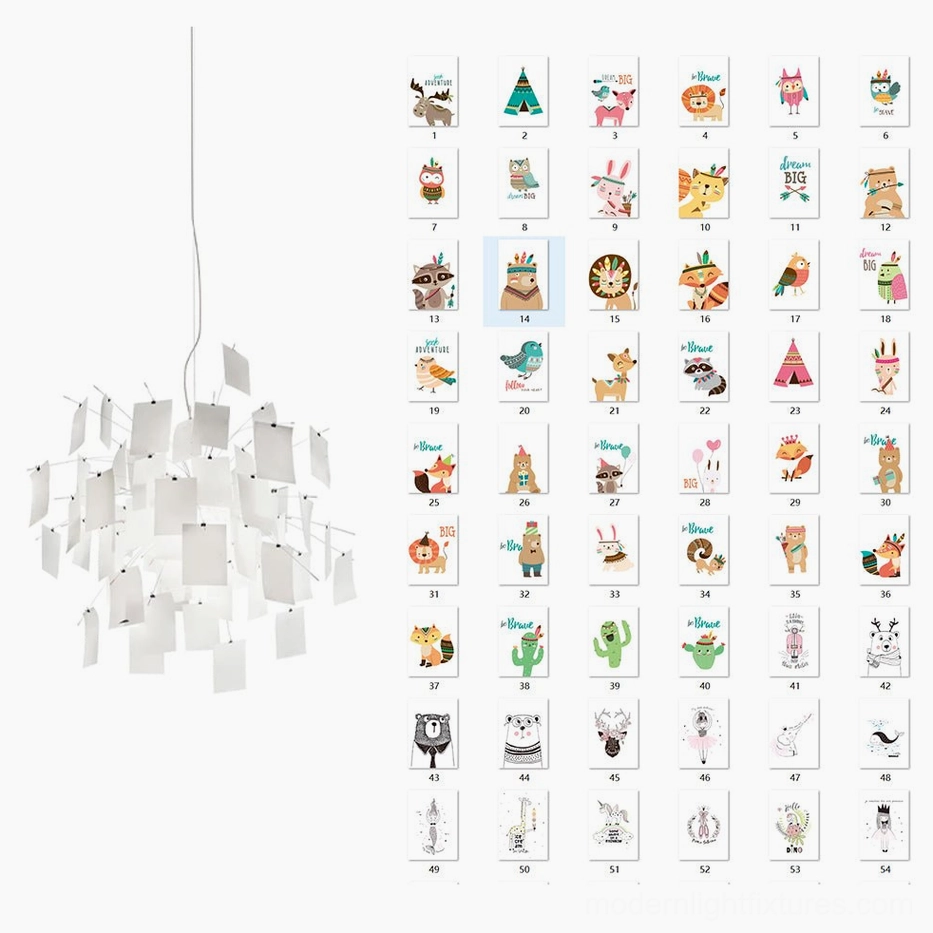 Artistic paper chandelier childlike theme 100cm large size playful vibrant botanical illustrations