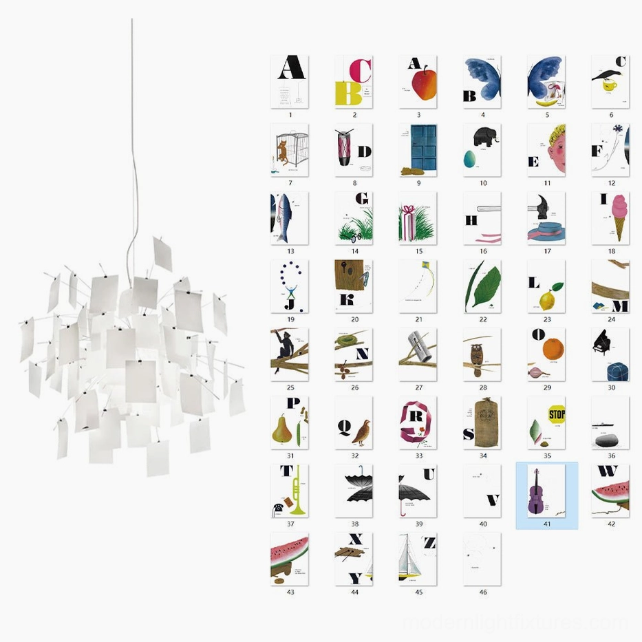 Paper chandelier childlike theme 120cm extra large size with vibrant playful paper card composition