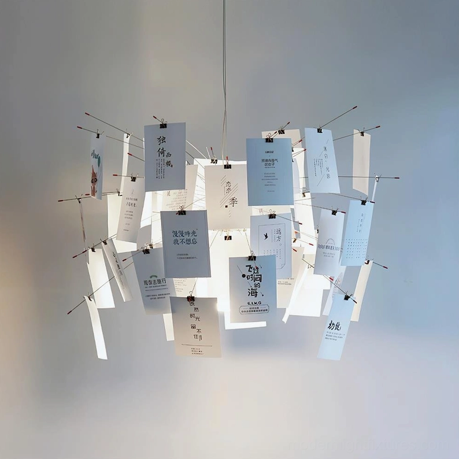 Artistic paper chandelier direct front shot showing text-printed neutral paper card composition studio view