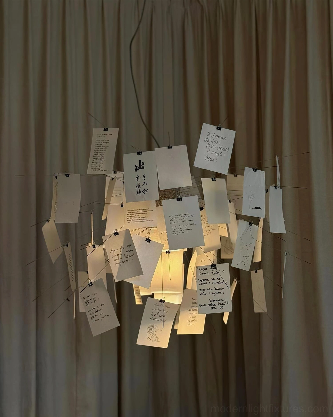 Artistic paper chandelier installation guide showing hardwired connection and dimmer compatibility