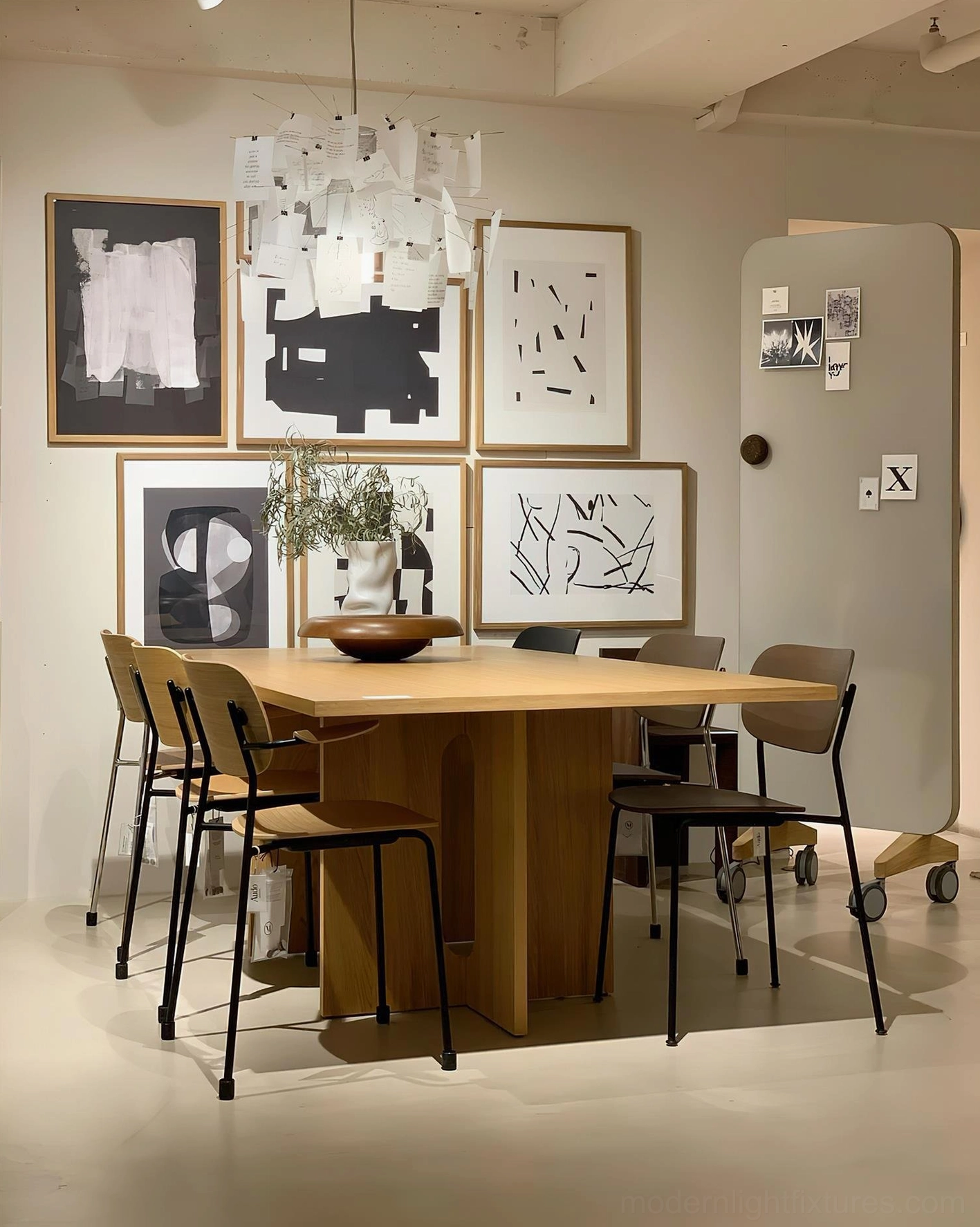 Contemporary paper chandelier installation in modern dining space featuring compact paper card clustering
