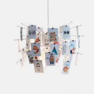 Artistic paper chandelier overhead view showing layered translucent paper design and metal frame structure