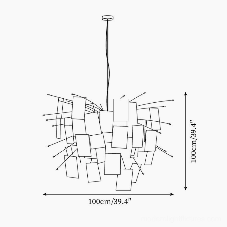 Paper chandelier design schematic technical drawing showing 100cm diameter spoke-mounted structure
