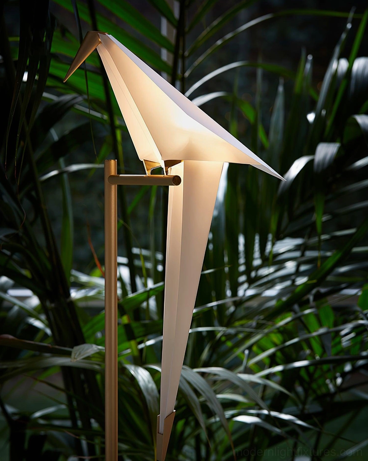 Paper crane origami floor lamp with brass base and white shade, additional angle view