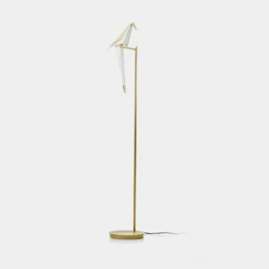Paper Crane Floor Lamp with brass base and white origami shade, front view on white background
