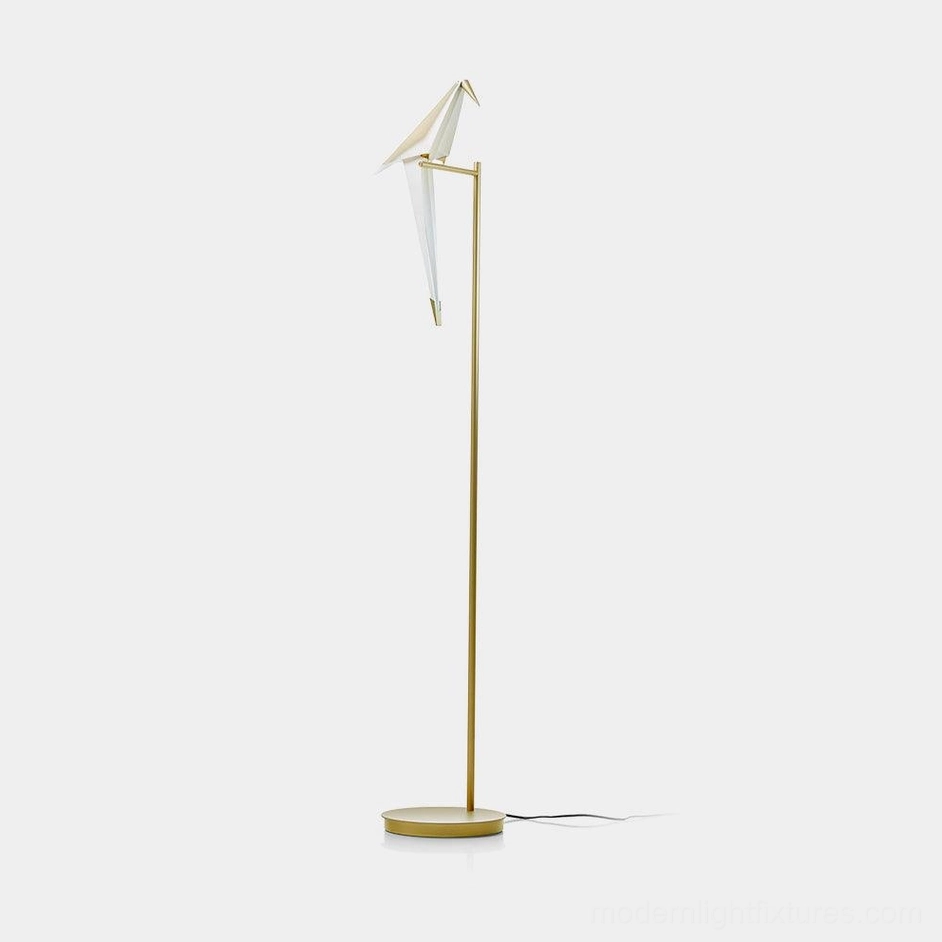 Paper Crane Floor Lamp with brass base and white origami shade, front view on white background