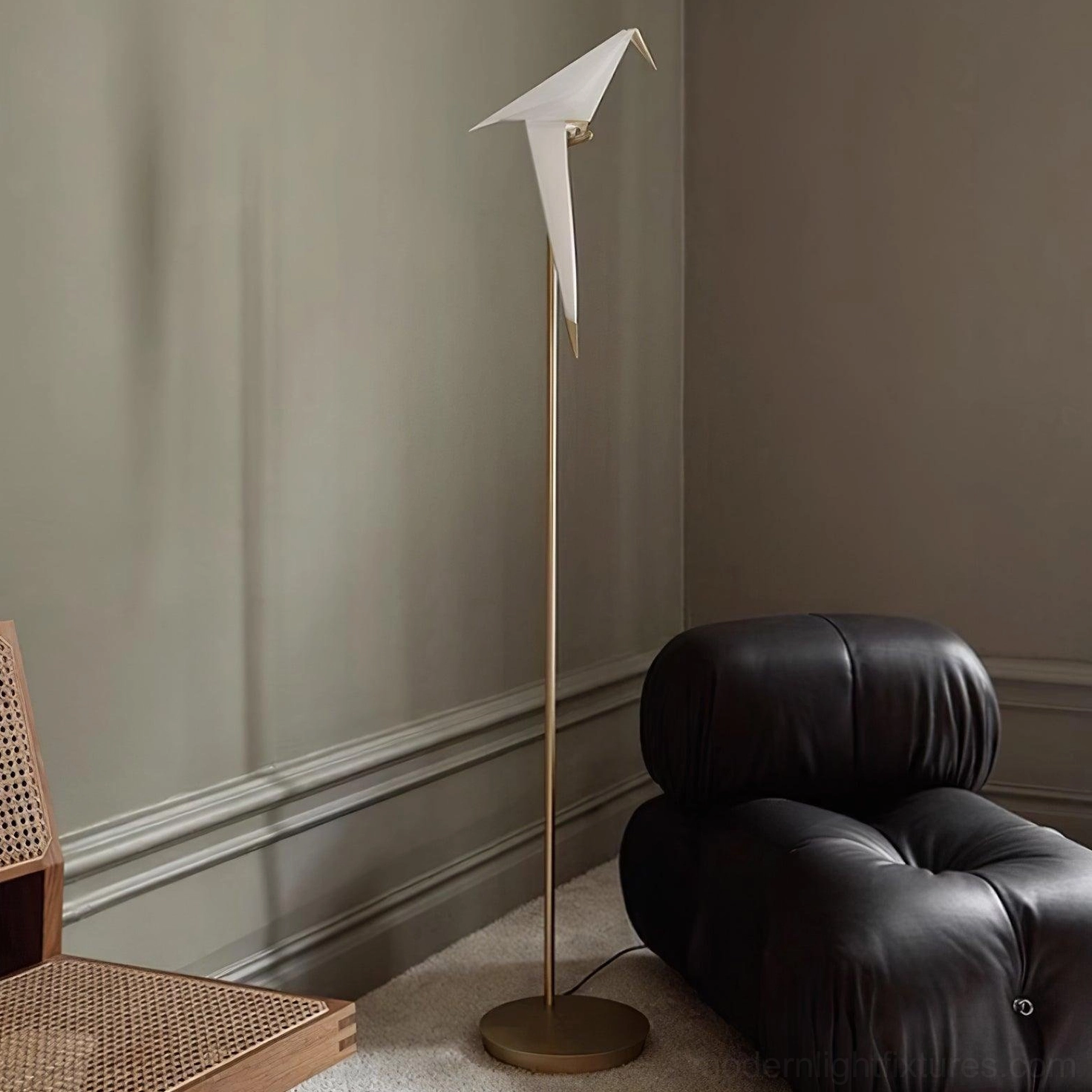 Paper crane floor lamp with integrated LED warm white lighting, ambient glow demonstration