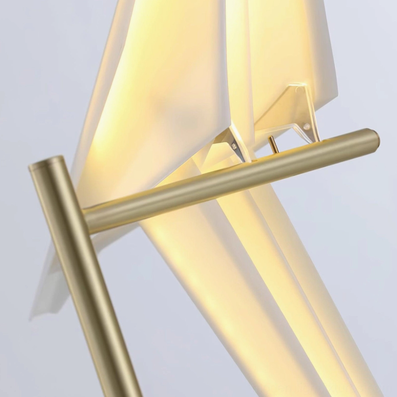 Paper crane floor lamp sculptural shade detail, origami-inspired art light fixture close-up
