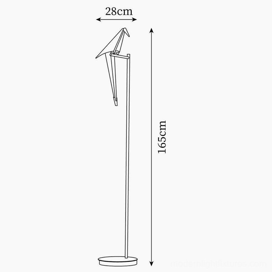 Paper crane floor lamp technical line drawing schematic with dimensions and specifications