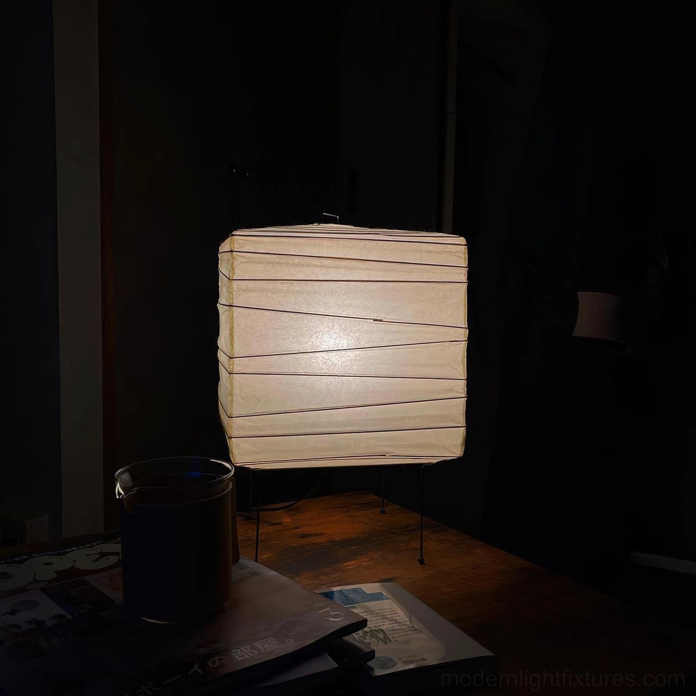 Contemporary minimalist paper cube lamp with push-button switch and 59-inch power cord with plug
