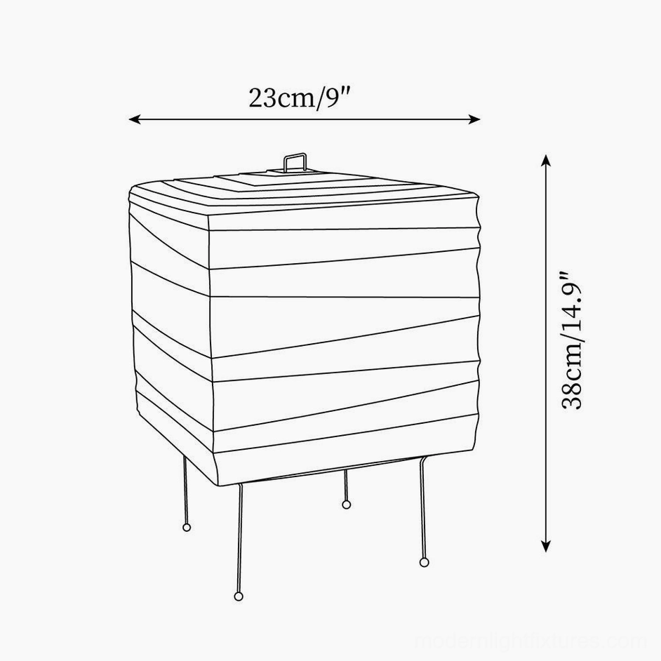 Paper cube table lamp technical dimensional drawing showing 23cm diameter and 38cm height specifications