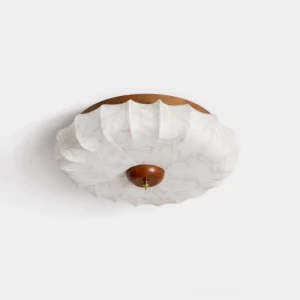 Papilio scalloped ceiling lamp with fluted marble-patterned fabric shade and wooden base, front view on white background