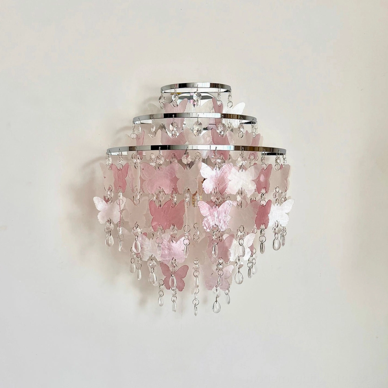 Papillia pink butterfly crystal wall sconce elegant chrome frame with translucent butterfly forms and sparkling crystal droplets