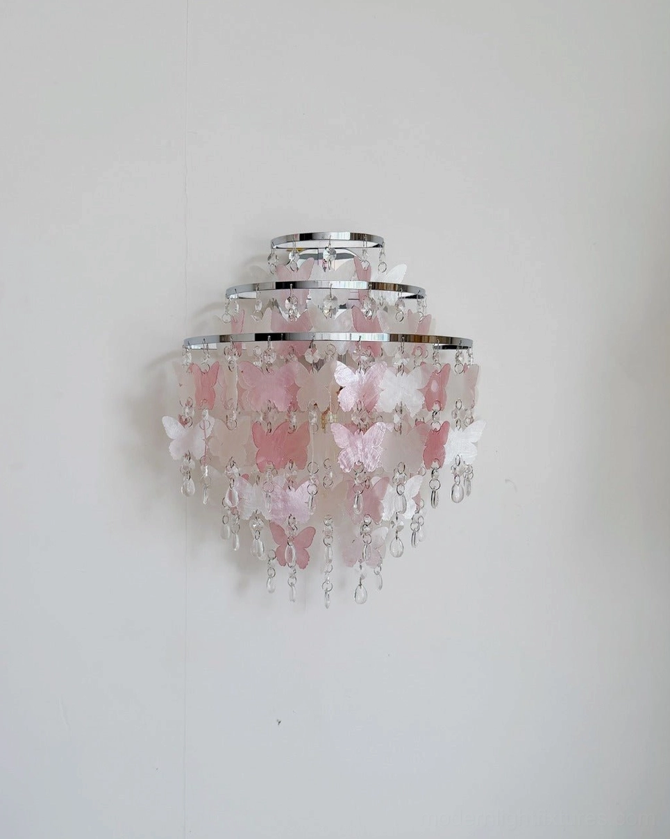 Papillia pink butterfly crystal wall sconce product shot showing two-tier chrome frame with dangling crystal accents