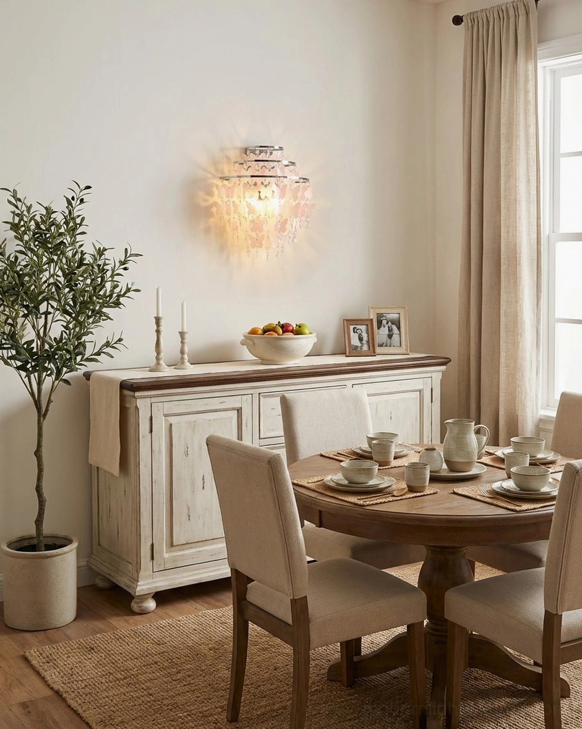 Papillia tiered butterfly wall sconce providing warm ambient lighting in small formal dining space with neutral décor