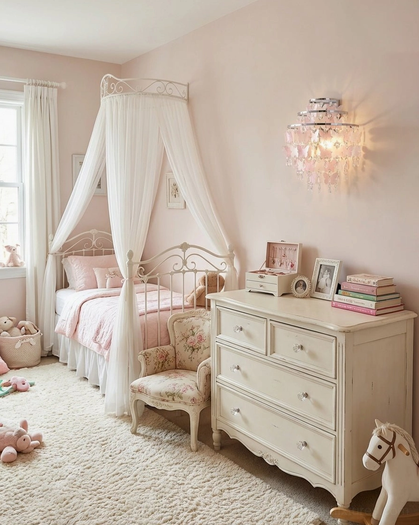 Papillia butterfly crystal wall light fixture in princess-themed girls bedroom with canopy bed and playful décor