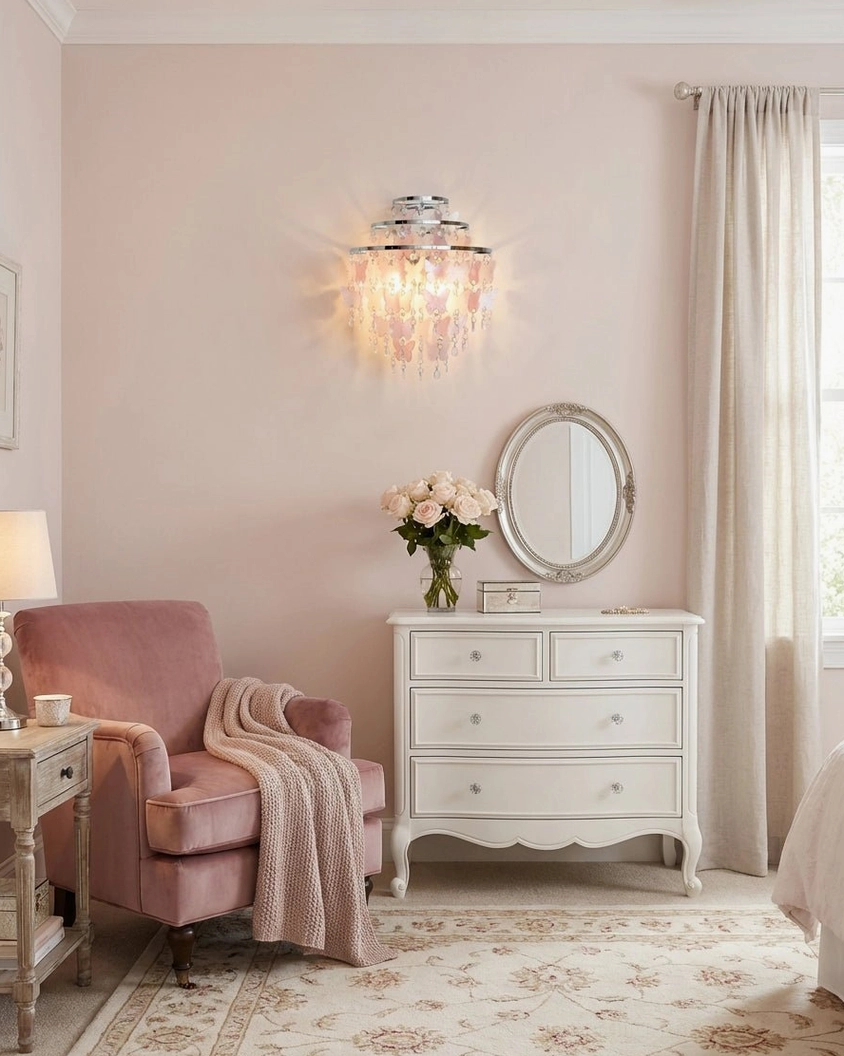 Romantic butterfly crystal wall sconce mounted above feminine vanity mirror in pink-toned French country bedroom