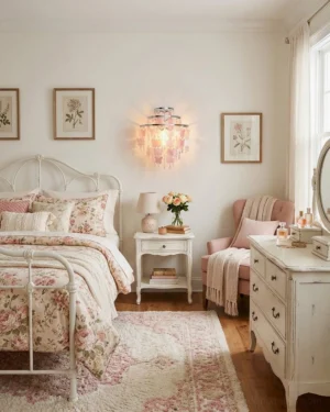 Papillia crystal butterfly wall light fixture installed in romantic vintage floral master bedroom with warm ambient glow