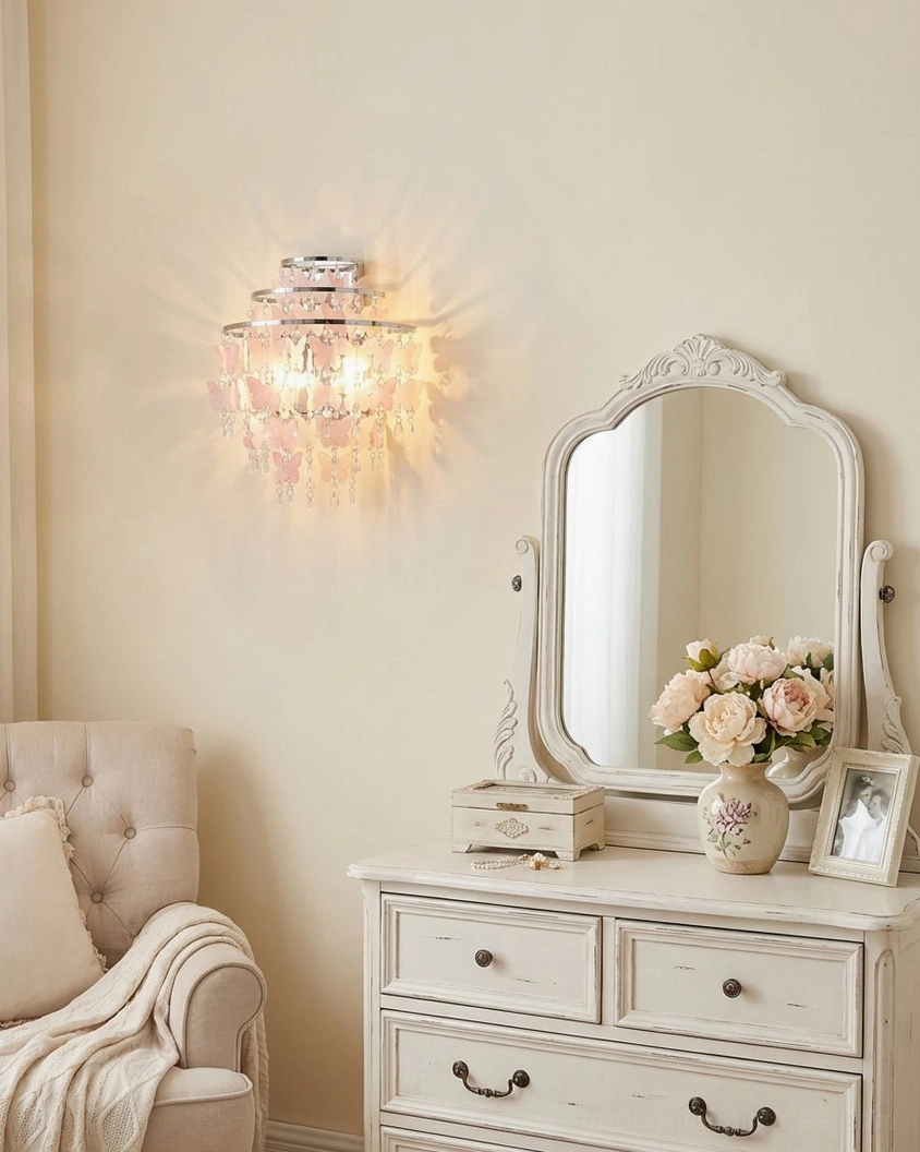 Papillia romantic butterfly wall sconce above French provincial carved wooden vanity with tufted chair in dressing area