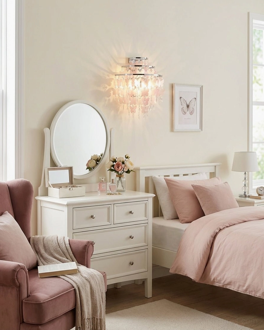 Papillia tiered butterfly wall light sconce in cozy feminine bedroom with soft pink bedding and romantic aesthetic