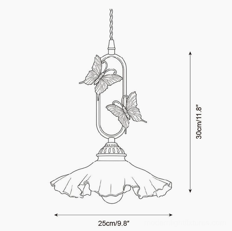 Papilora pendant light technical specification diagram, front orthographic view showing 30cm height and 25cm white jade ruffle shade
