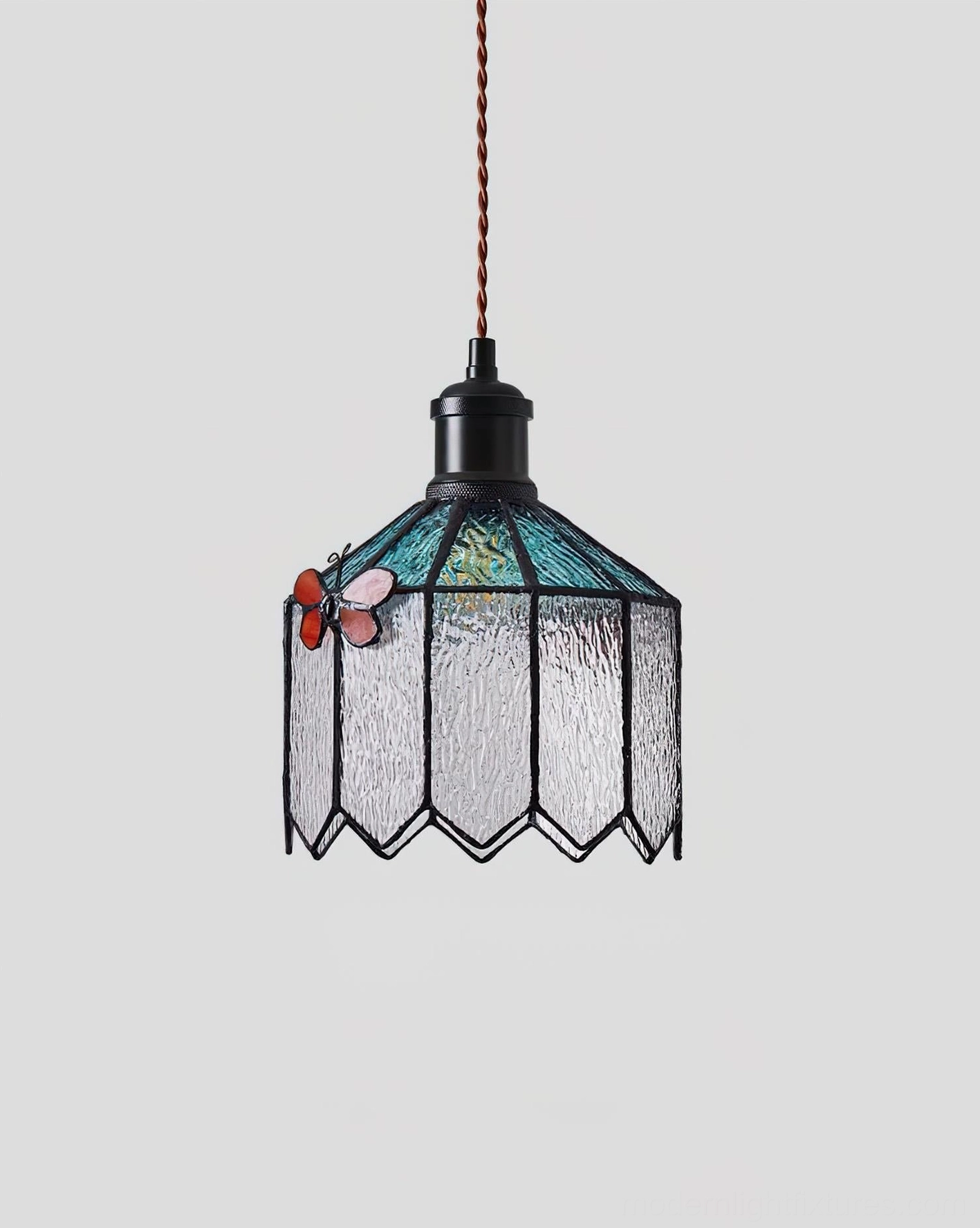 Papilune stained glass pendant lamp side view unlit showing butterfly motif and glass shade construction