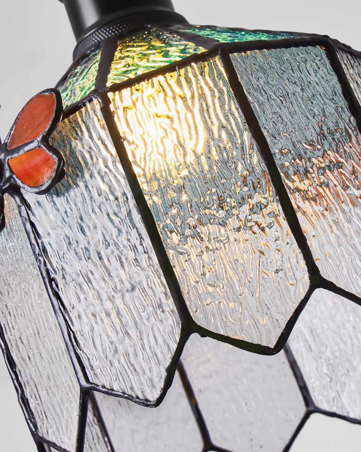 Papilune vintage Tiffany style pendant lamp showing complete artistic design and hand-assembled glass shade construction