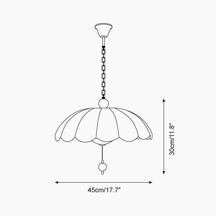 Technical line drawing of Paralune pendant lamp showing scalloped shade dimensions 45cm width by 30cm height