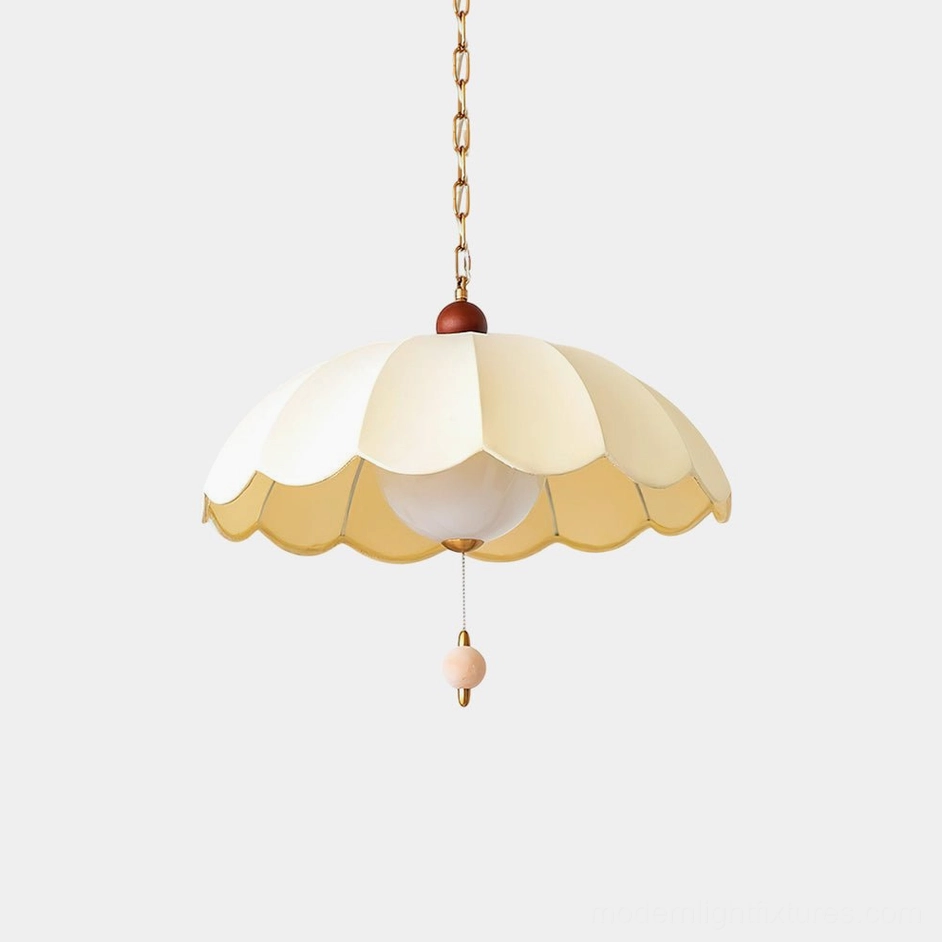 Paralune scalloped pendant lamp with cream fabric shade and wooden top finial, front studio view showing vintage-inspired design