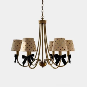 Parisian dot chandelier with polka dot shades and black velvet bows - front studio view