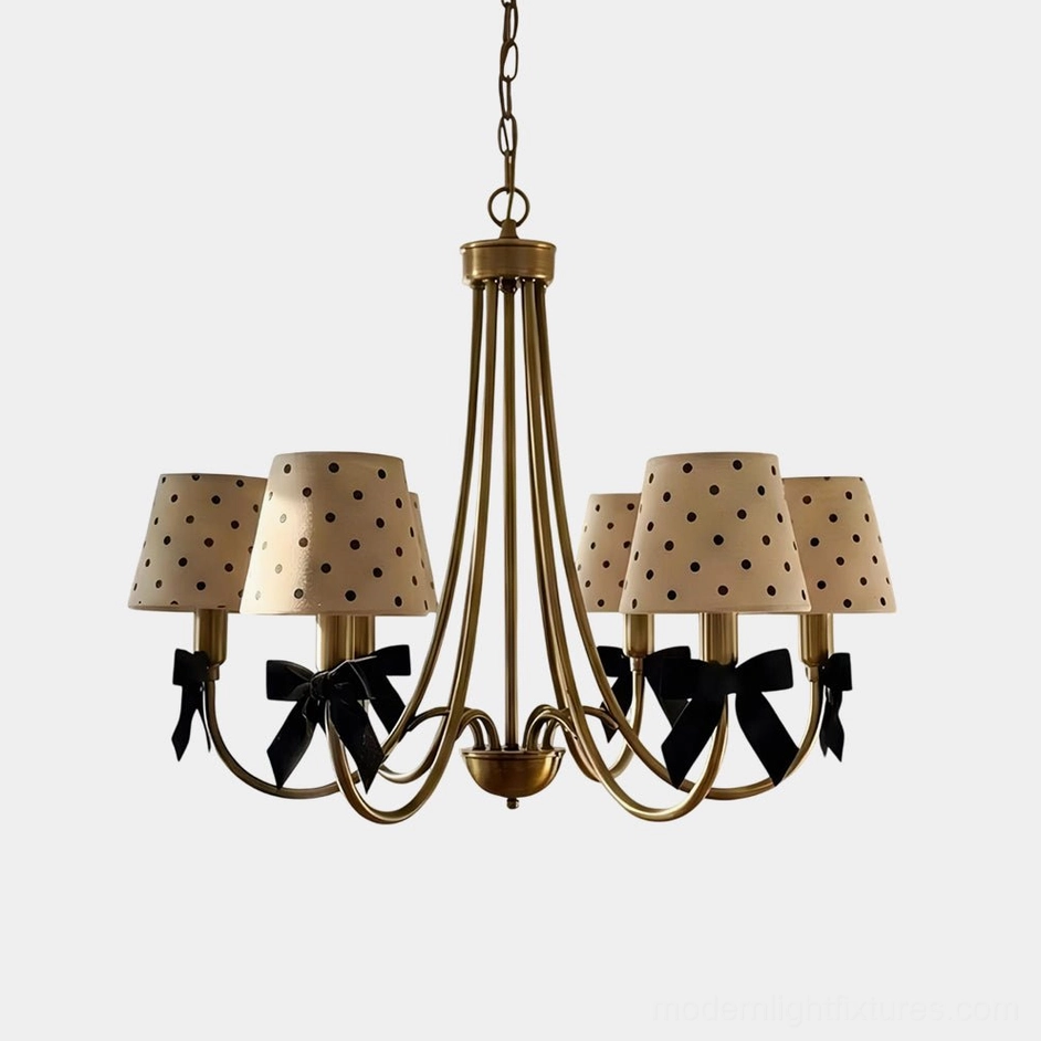 Parisian dot chandelier with polka dot shades and black velvet bows - front studio view