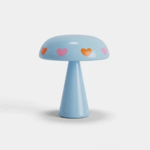 Pastel blue cordless mushroom table lamp with hand-printed pink and orange heart motif, front studio view showcasing glossy polycarbonate finish and touch-control cap