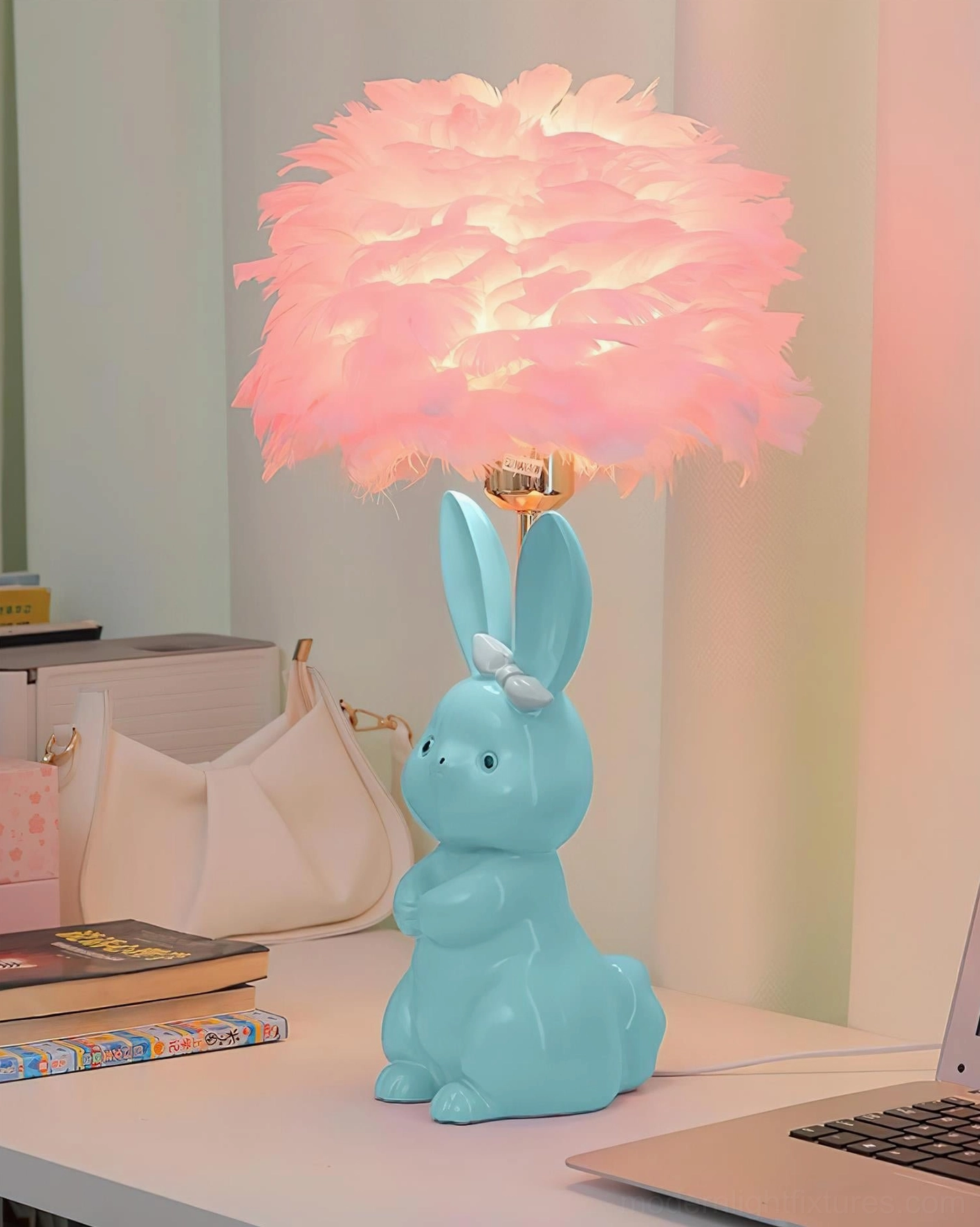 Pastel ceramic bunny table lamp with soft feather shade diffusing warm light - bedroom desk ambiance