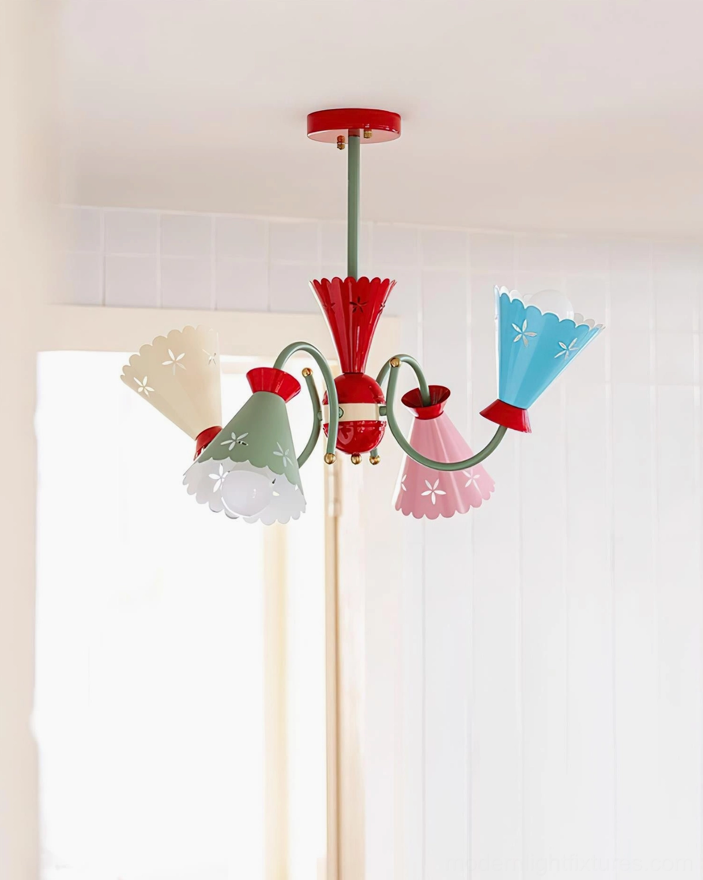 Pastel 5-arm chandelier ceiling mounted in room with tiled walls displaying coordinated pastel color palette and professional installation