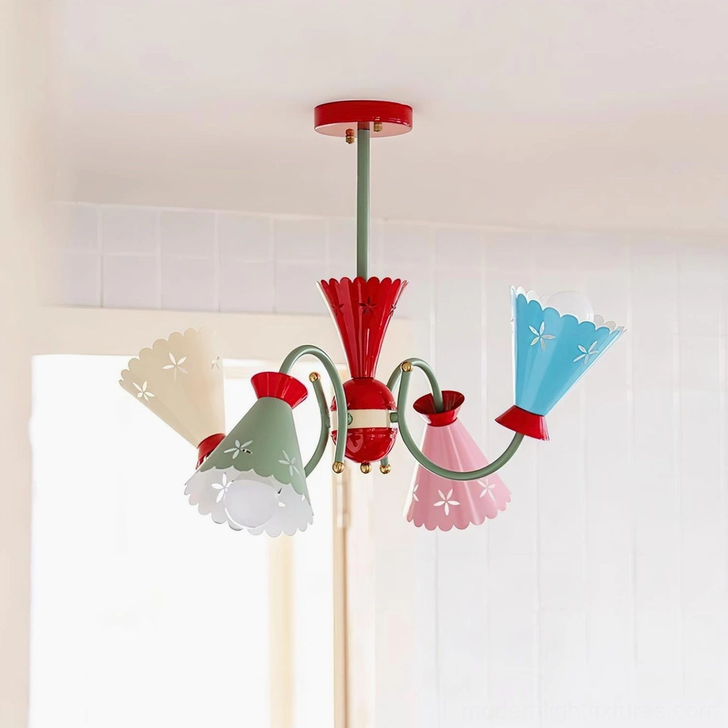 Mid-century modern pastel chandelier installed on white ceiling with tiled wall background showcasing glossy metal finish and even light distribution