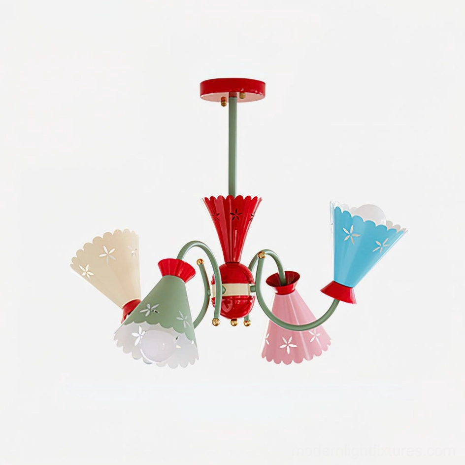 Front flat view of pastel 5-arm chandelier with red central fixture, green suspension rod, and multicolor flower-cut shade details
