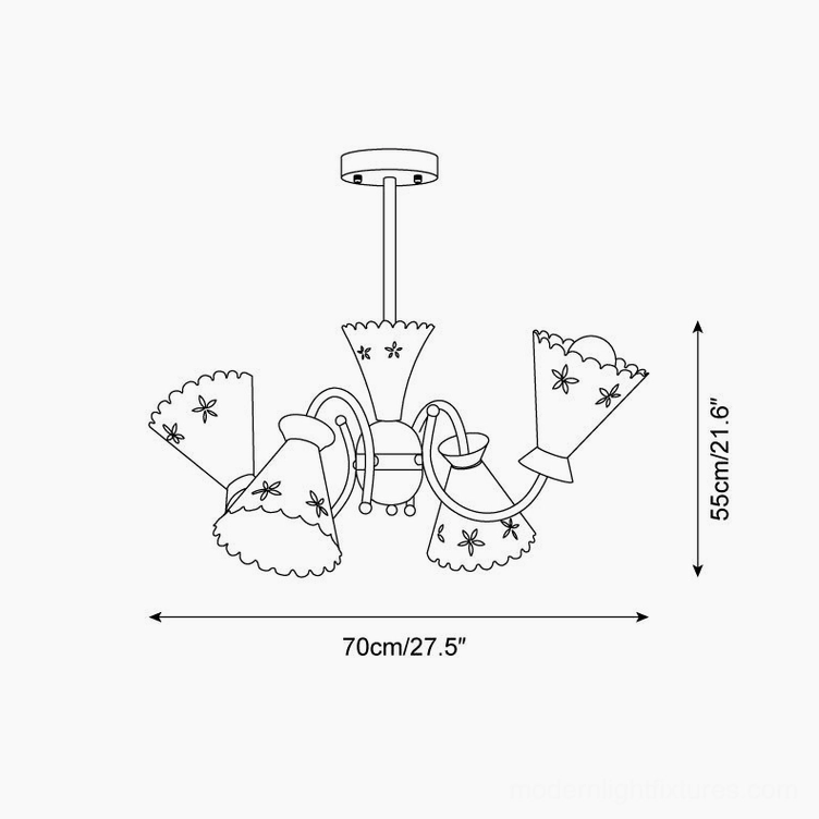 Technical line drawing sketch of pastel chandelier showing structural design outline and dimension measurements on white background