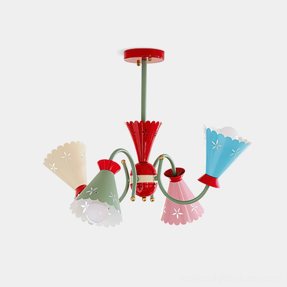 Pastel 5-arm chandelier with scalloped flower-cut metal shades in multicolor pastel tones featuring red, beige, blue, and green finishes on white background