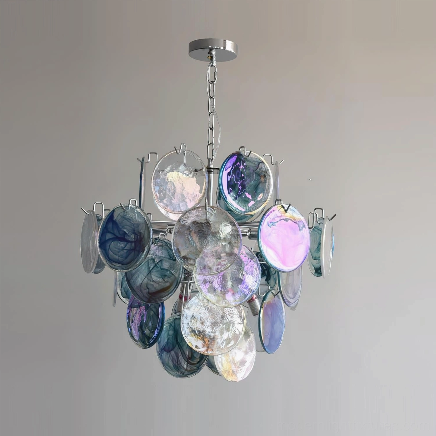 Glass disc pendant light with soft pastel color tones and chrome metal suspension hardware