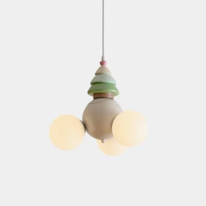 Pastel multi-globe pendant light with frosted acrylic shades and layered conical top accent, front close-up studio view