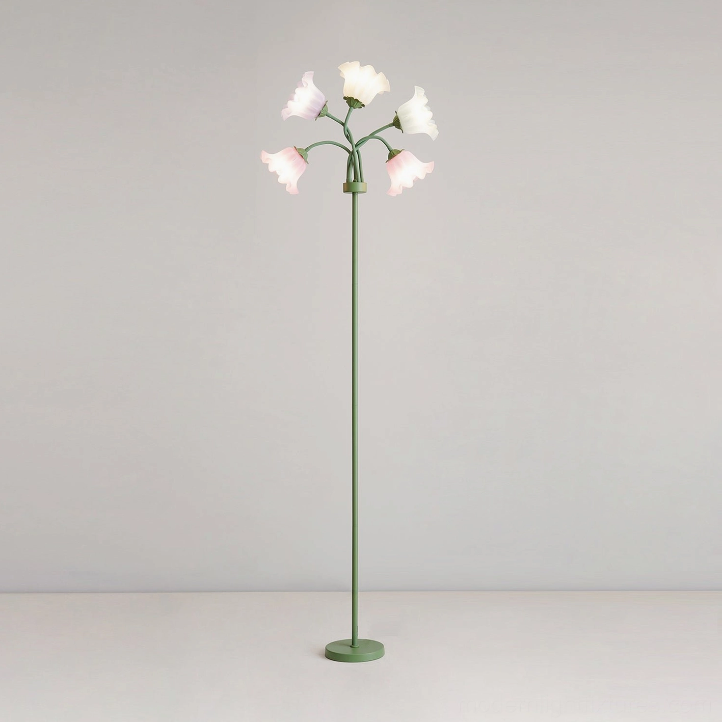 Multicolor pastel lily of the valley floor lamp with green metal stand and bell-shaped acrylic shades detail view