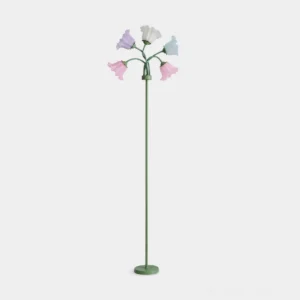 Pastel lily of the valley floor lamp with green metal stand and multicolor bell-shaped glass shades on white studio background