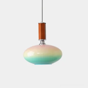Modern pastel gradient glass pendant light with ombré finish in blush pink to mint green, front studio view